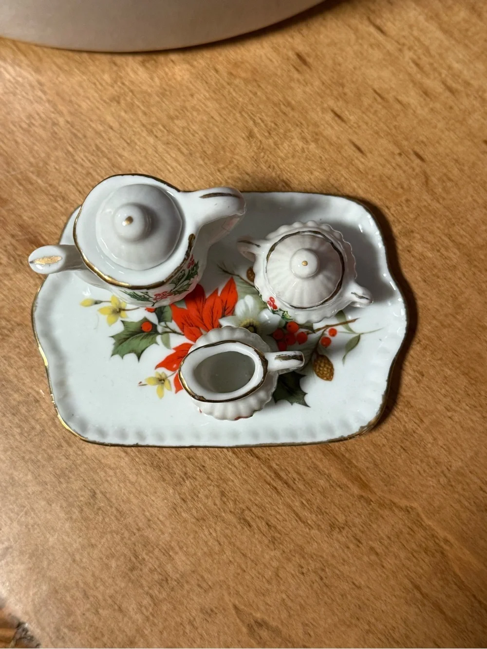 Vintage Christmas Miniature Ceramic Tea Set - White with Holly Motif